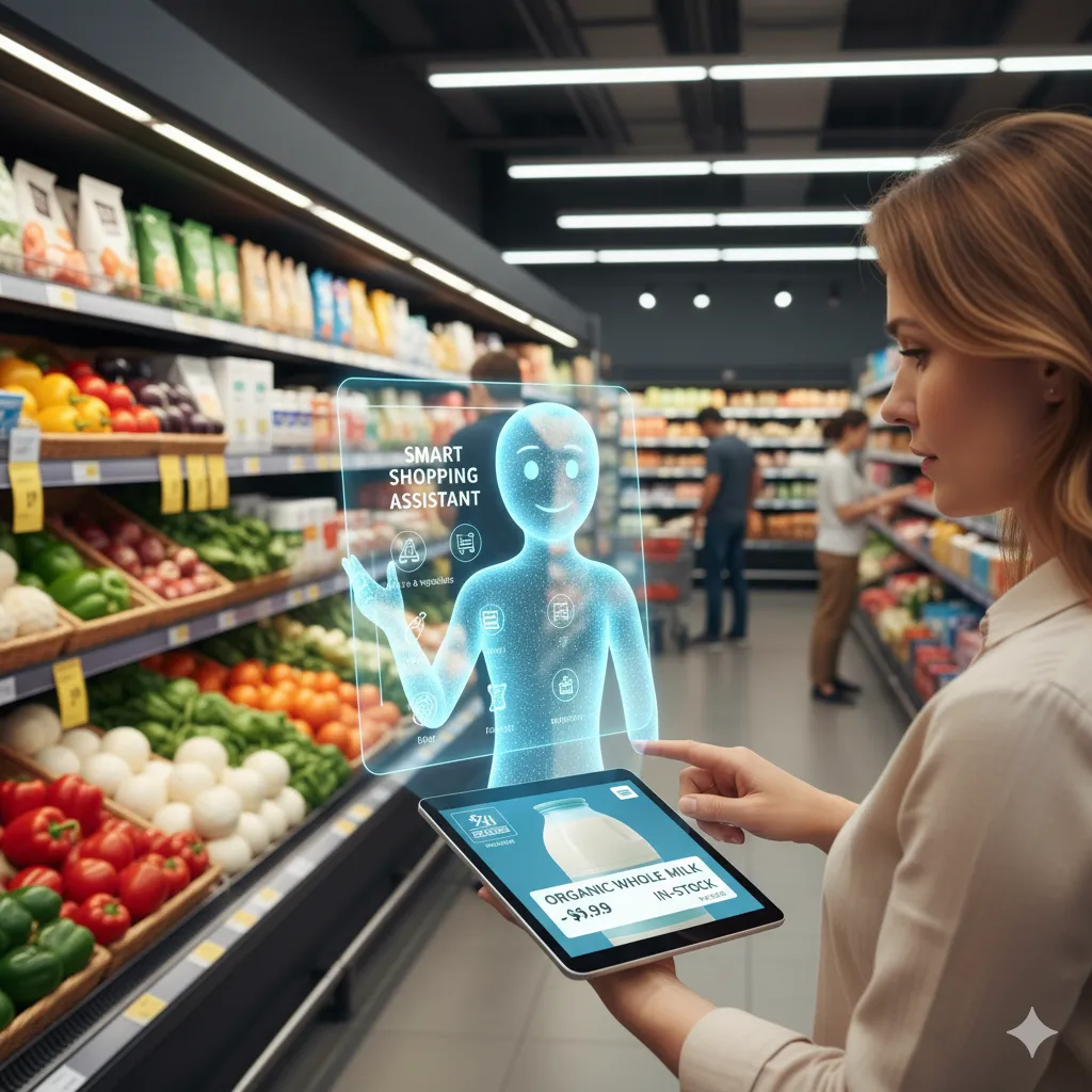 Hi-tech shopping assistance med blurred reflektioner av butiksfönster och neonljus